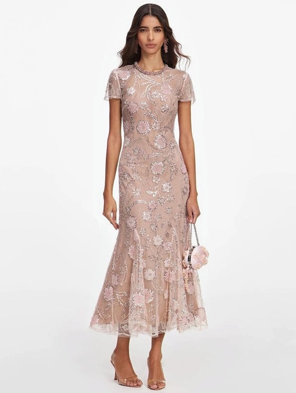 Self-Portrait NWOT PINK FLOWER SEQUIN EMBELLISHED MIDI DRESS